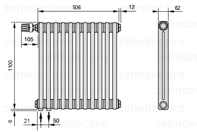 Схема (чертеж) Радиатор Zehnder Charleston 2110/11 №V001 Белый глянцевый RAL 9016